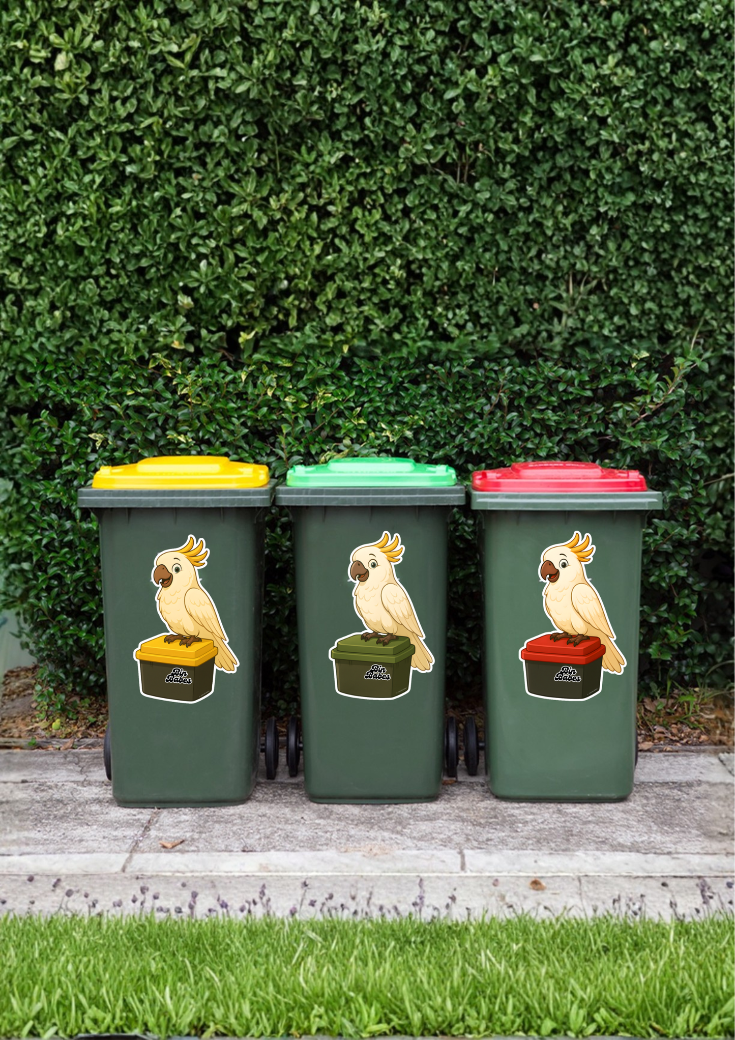 Three wheelie bins with dog stickers on a grassy background.