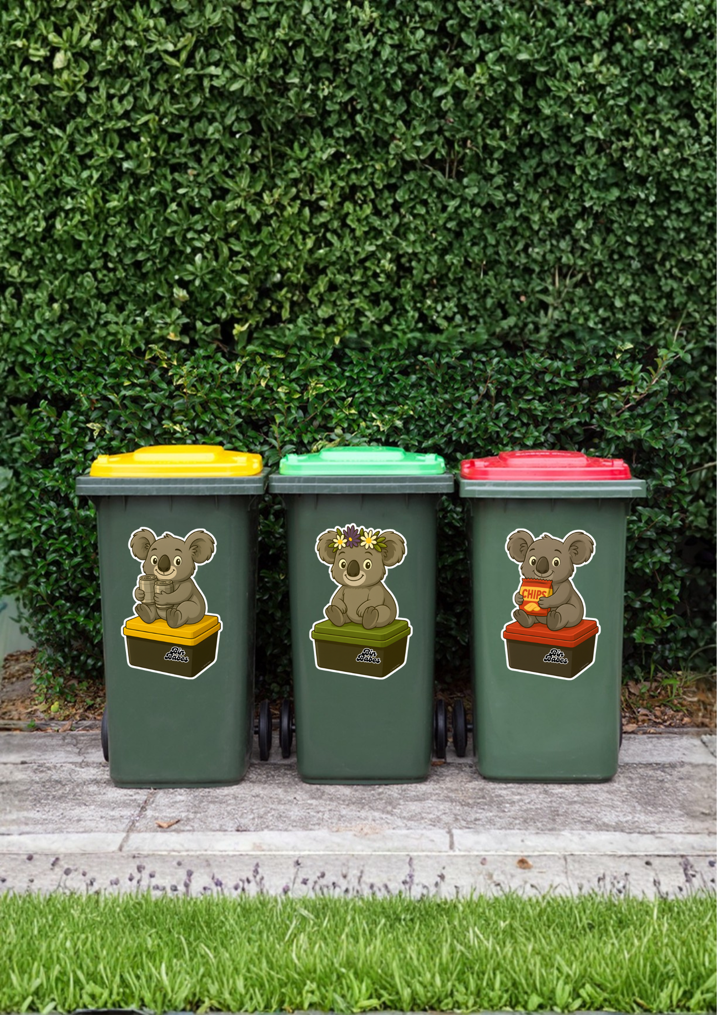 Three wheelie bins with dog stickers on a grassy background.