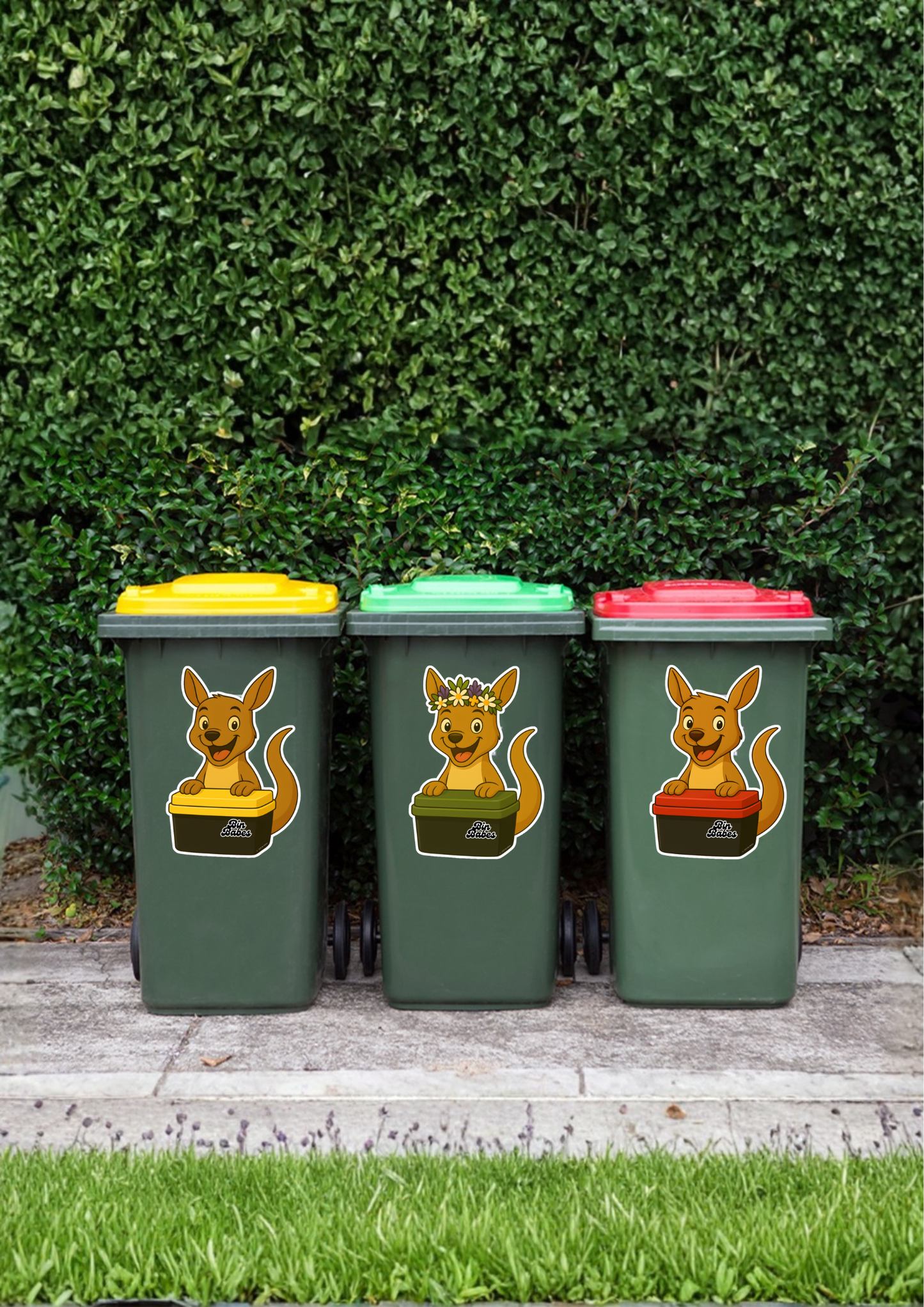 Three wheelie bins with dog stickers on a grassy background.