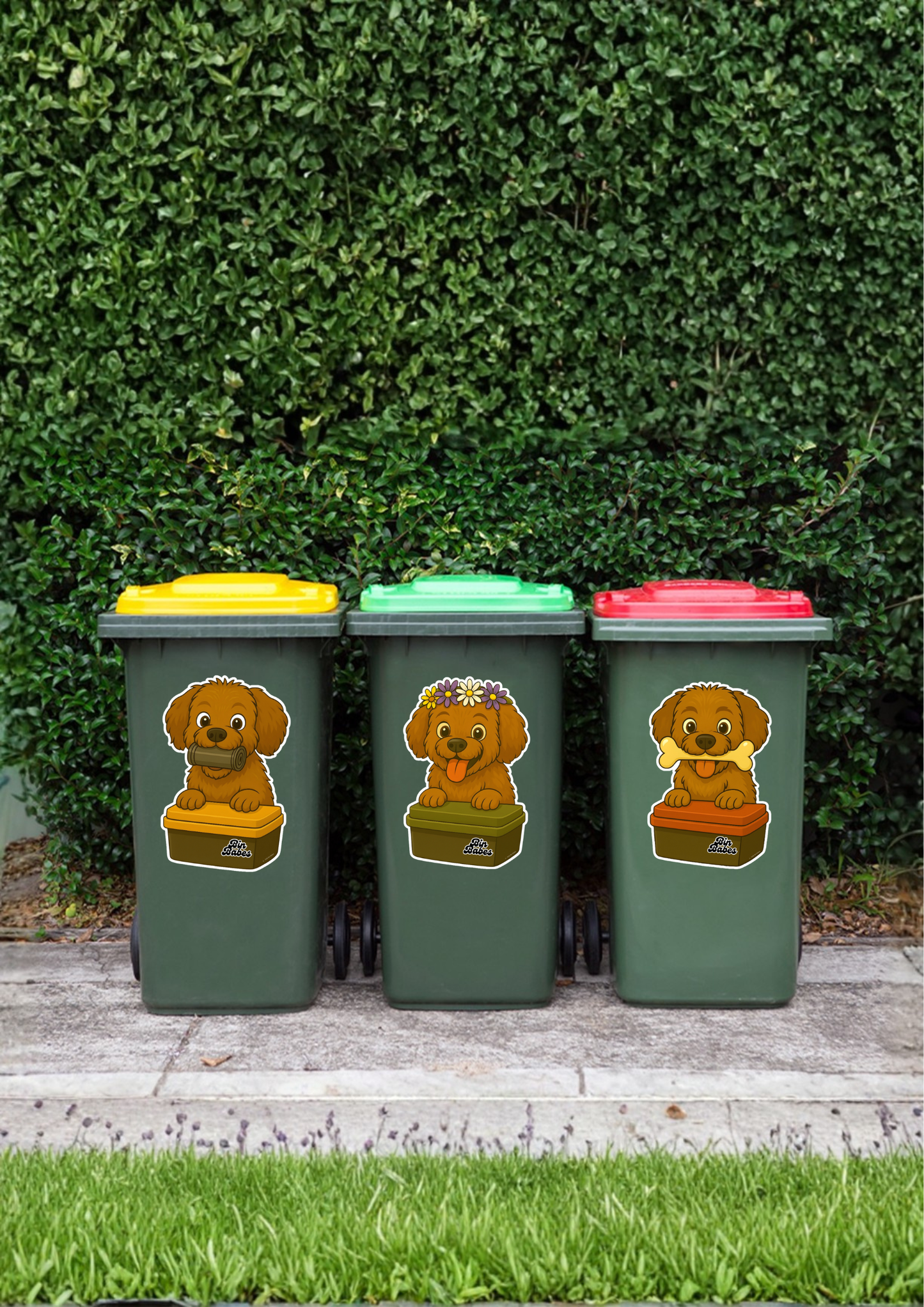 Three wheelie bins with dog stickers on a grassy background.