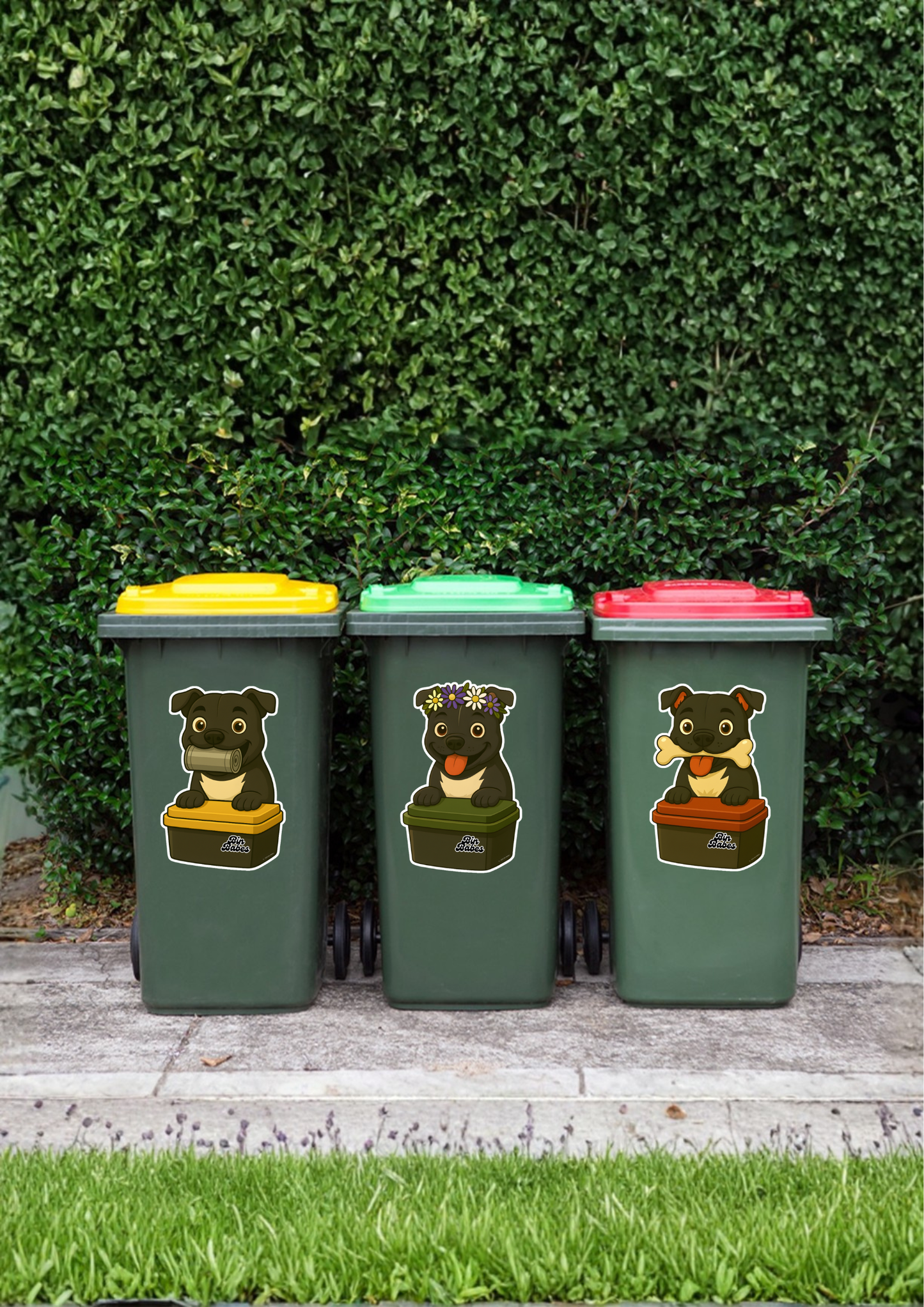 Three wheelie bins with dog stickers on a grassy background.