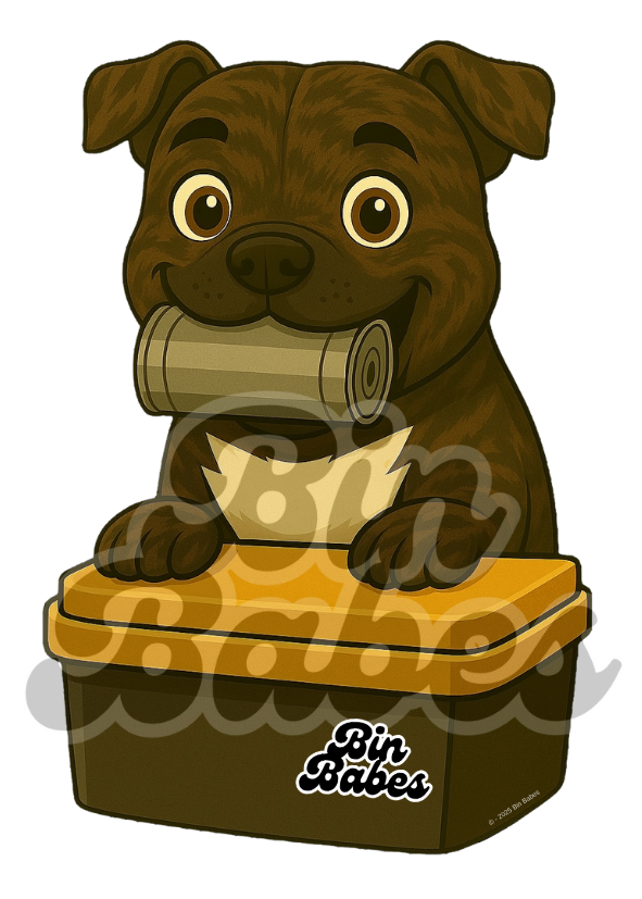 Staffy - Yellow Bin Sticker - Choose Your Coat Colour
