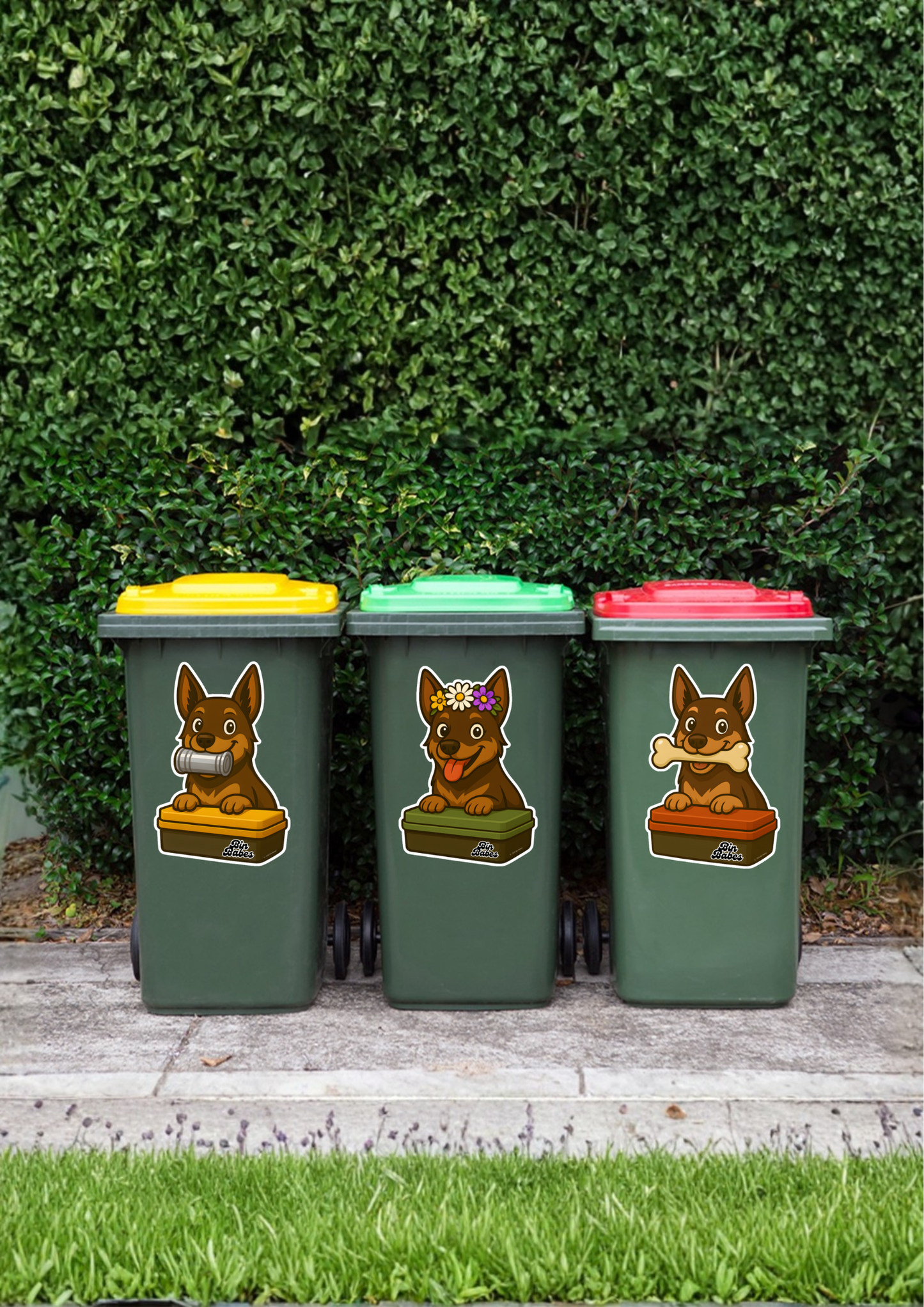 Three wheelie bins with dog stickers on a grassy background.