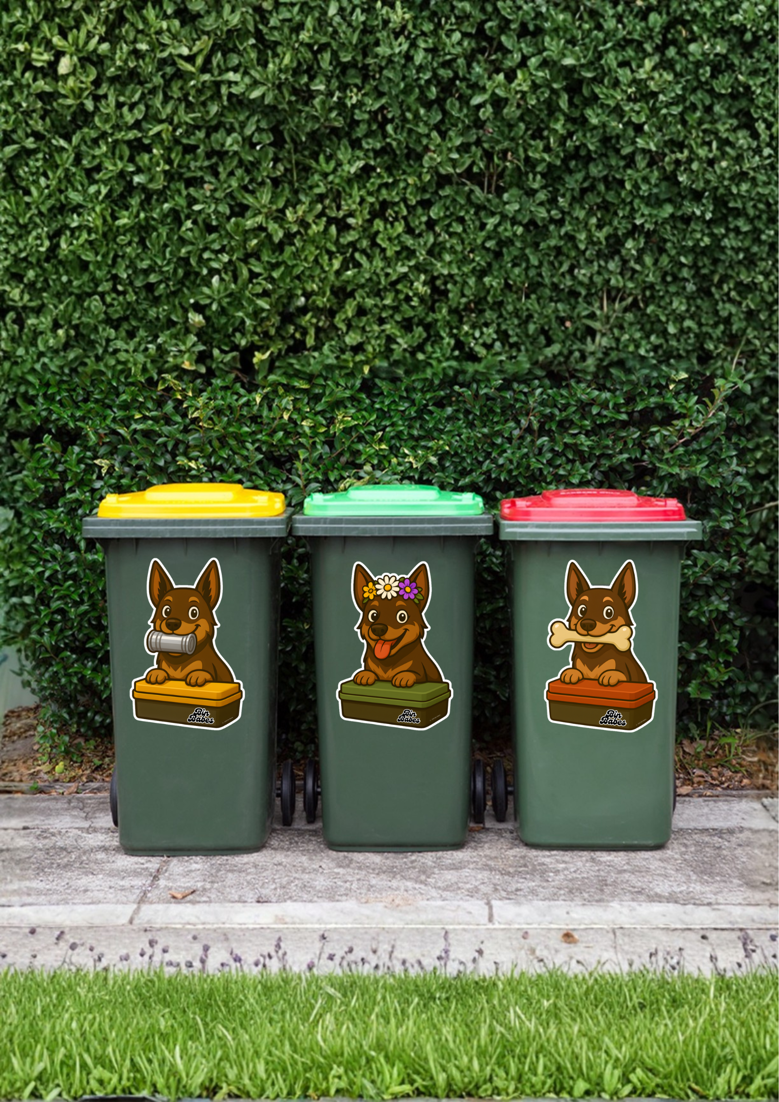 Three wheelie bins with dog stickers on a grassy background.