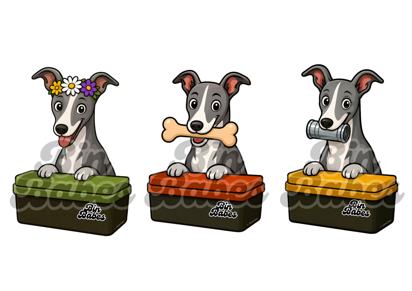 Greyhound – Bin Sticker Trio - Choose Your Coat Colour