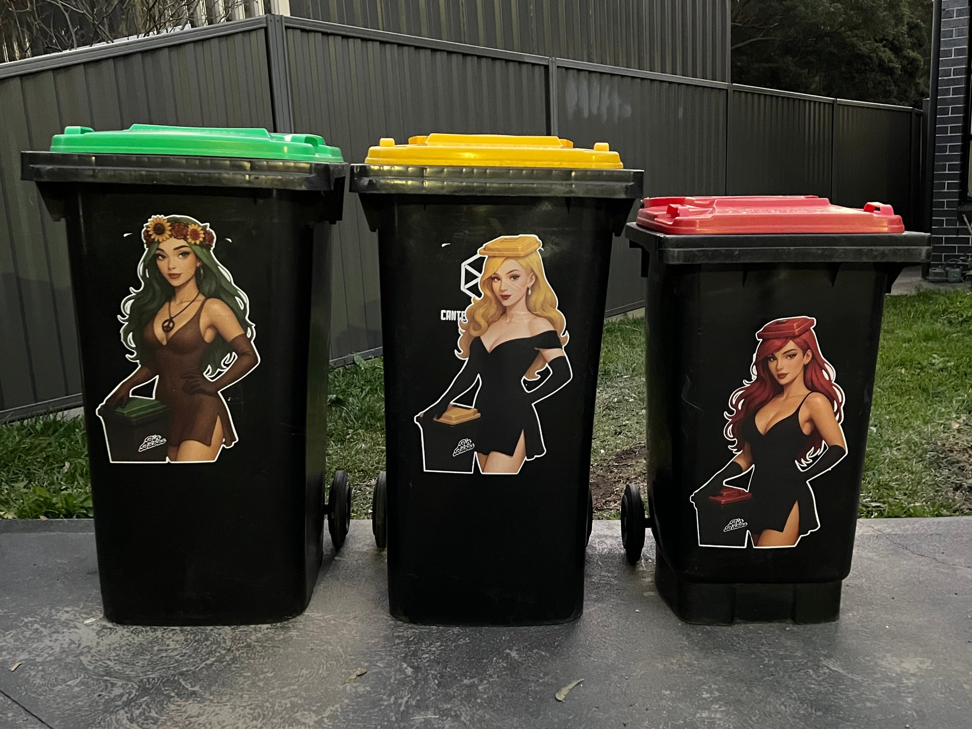 Bin Babes Female Trio on wheelie bins