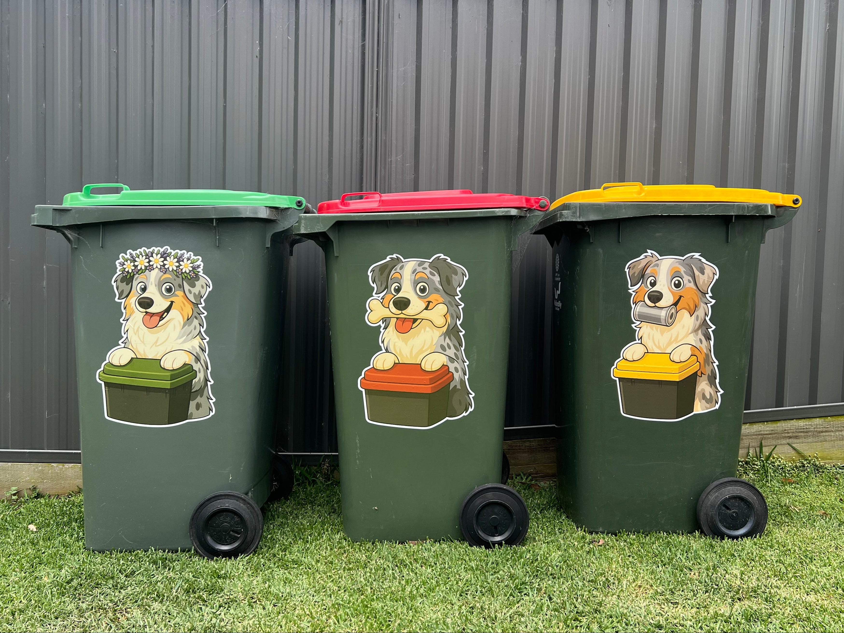 Aussie Shepherd Bin Babes Trio on wheelie bins