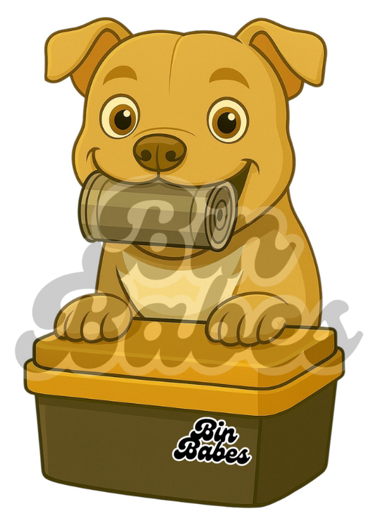 Staffy - Yellow Bin Sticker - Choose Your Coat Colour