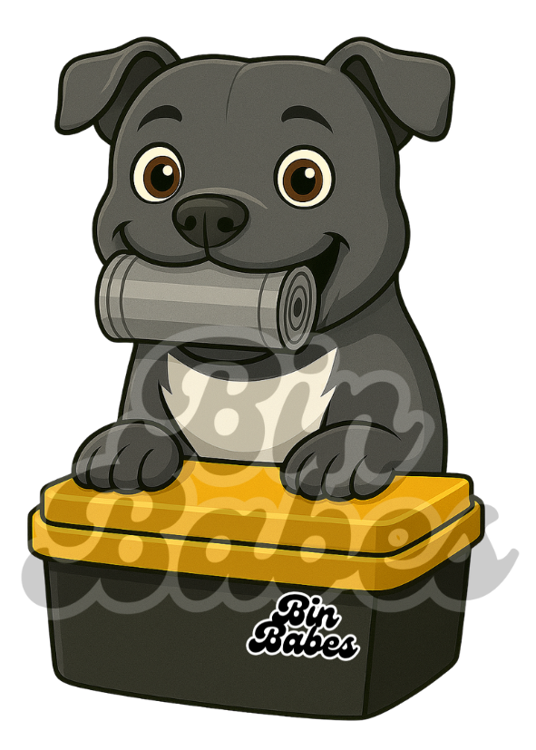Staffy - Yellow Bin Sticker - Choose Your Coat Colour