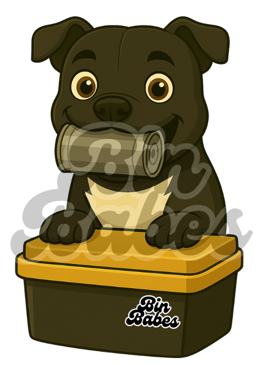 Staffy - Yellow Bin Sticker - Choose Your Coat Colour